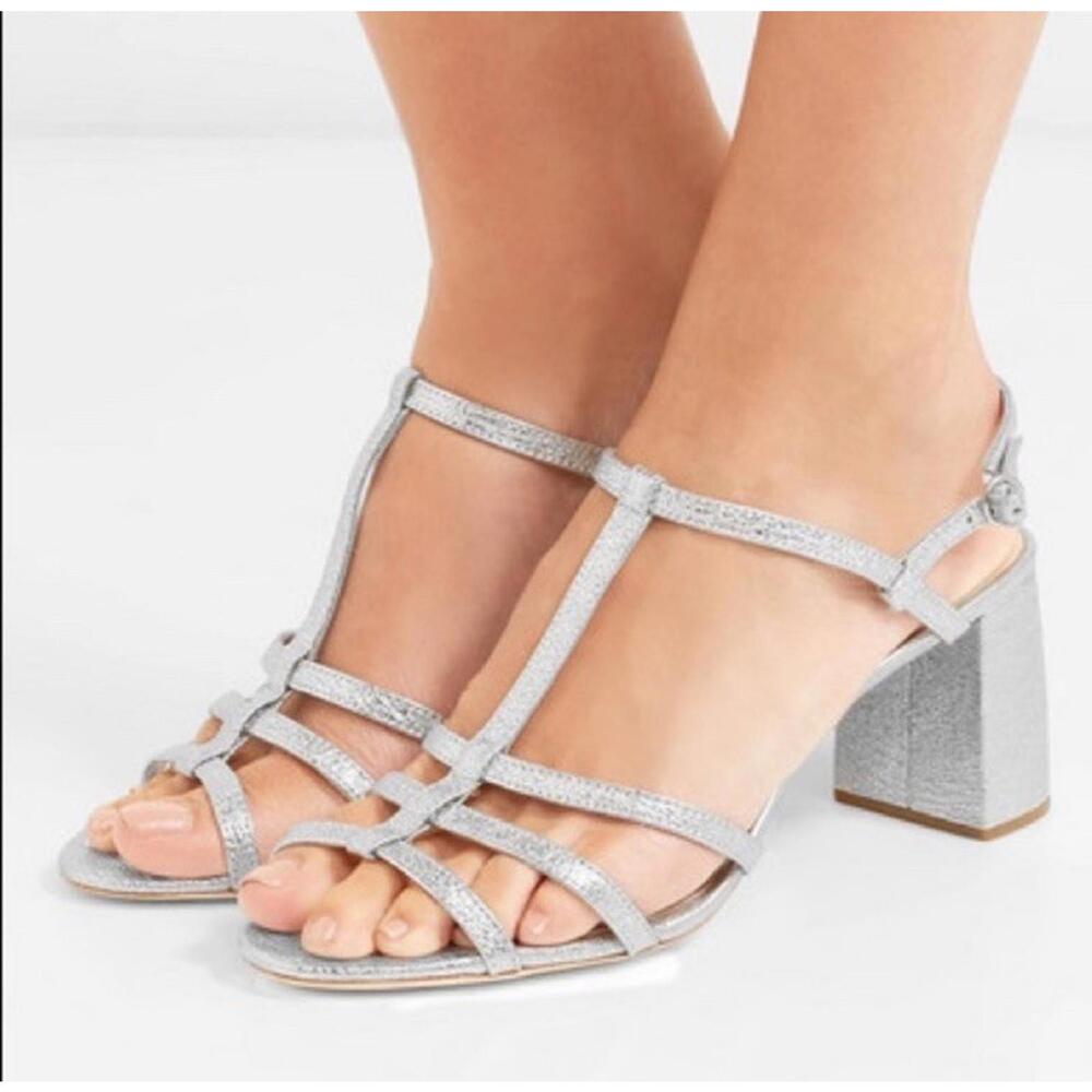 Loeffler Randall Women's Elena Heel Sandal Silver Leather Size 10.5 shoes